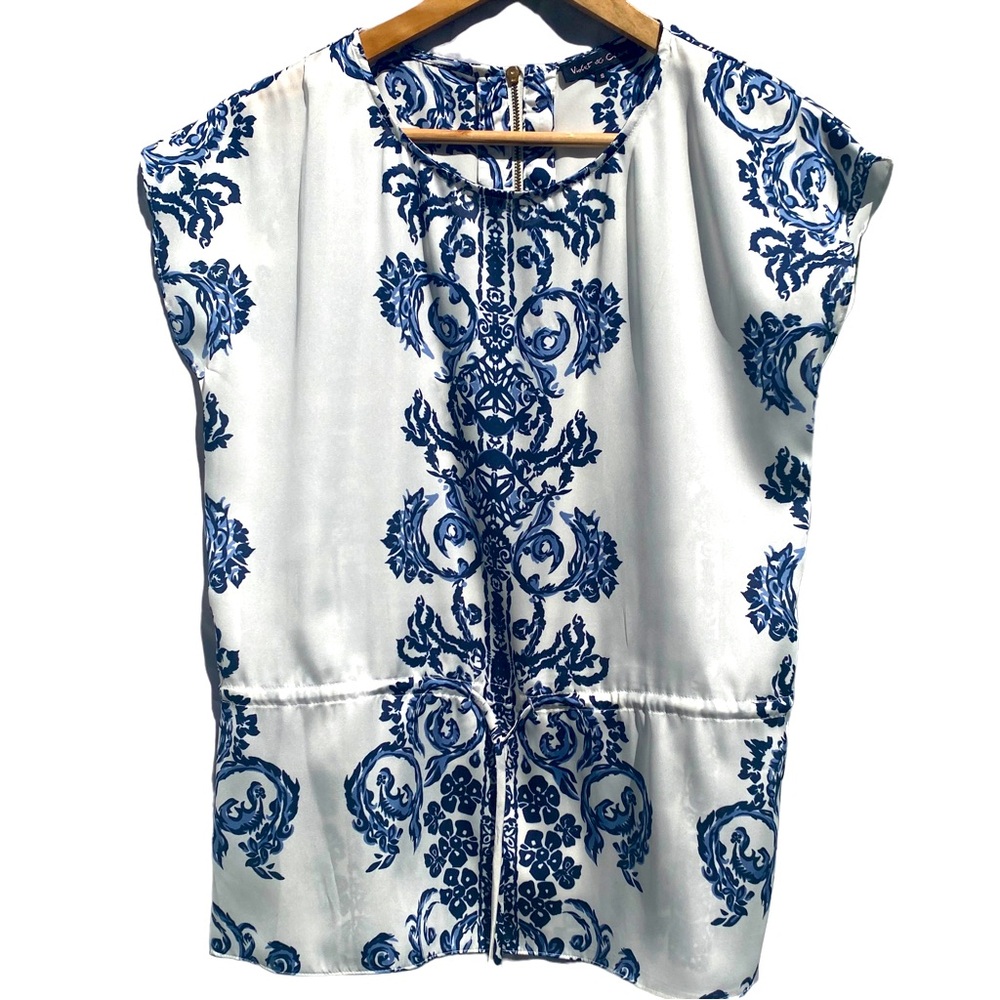 Claire & Violet White & Blue Tie Front Blouse